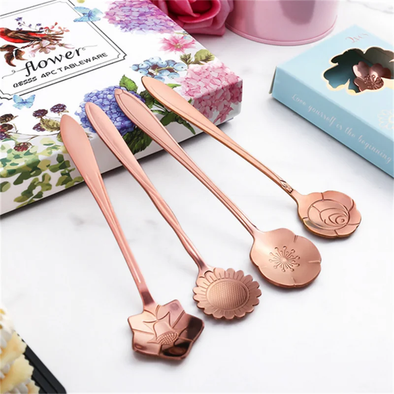 Flower Spoon Set Small Teaspoon Coffee Spoon Cute Ice Cream Dessert Silver Stainless Steel For Coffee Tea 2/8Pcs stainless steel spoon tea spoon