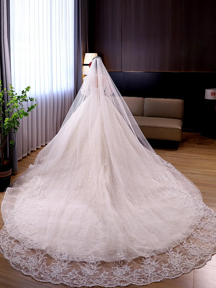 

Bridal Veil Luxury Long White Ivory Wedding Veils With Comb Sparkling Lace Applique Elegant Cathedral Length Wedding Accessories