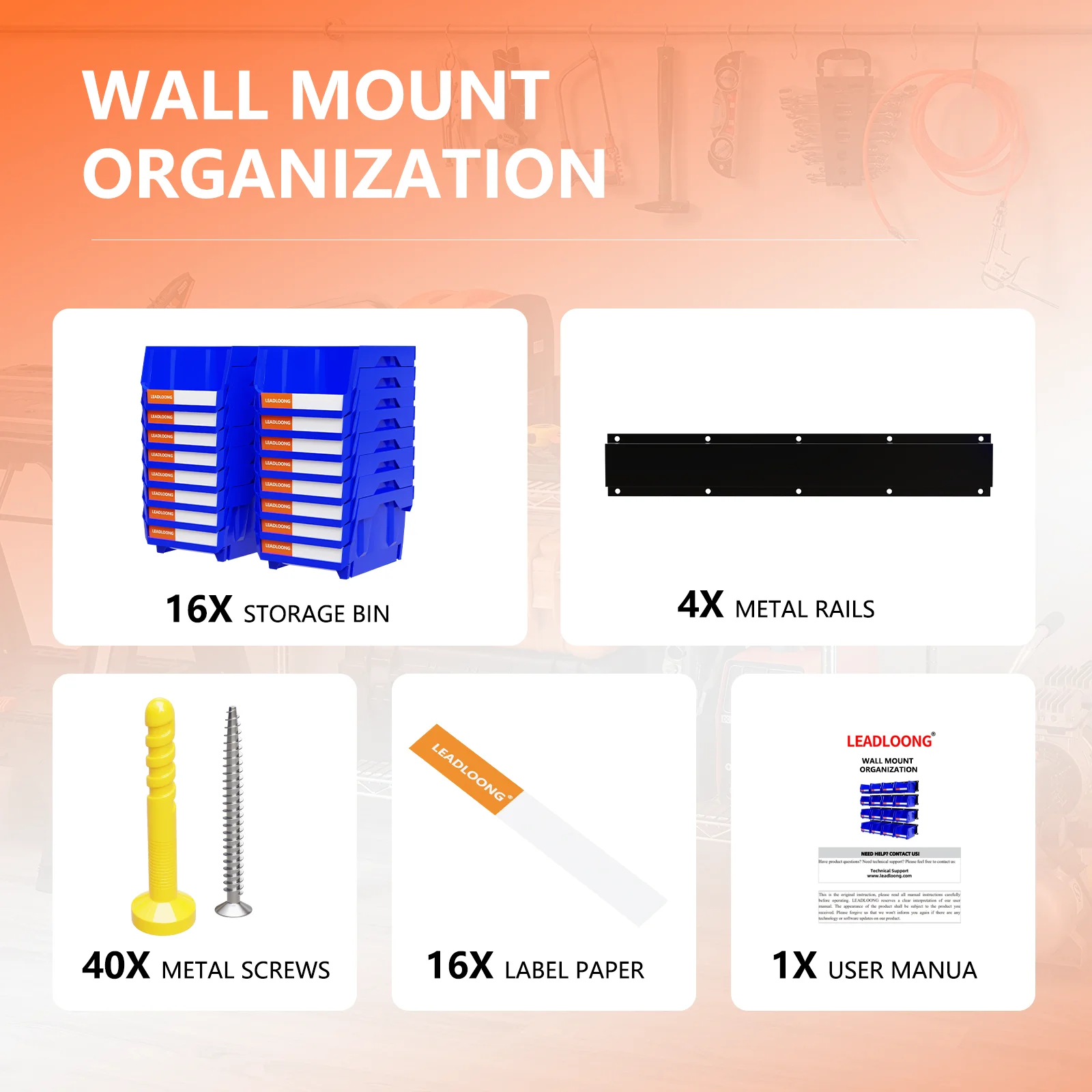 LEADLOONG Durable Wall Mount Organization 49.7*11.4 CM/19.6*4.5 INCH Metal Pegboard For Parts Bin Organizer 6