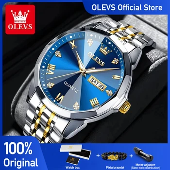 OLEVS Men's Watches Rhombus Mirror Original Quartz Watch for Man Waterproof Luminous Stainless Steel Wristwatch Male Date Week