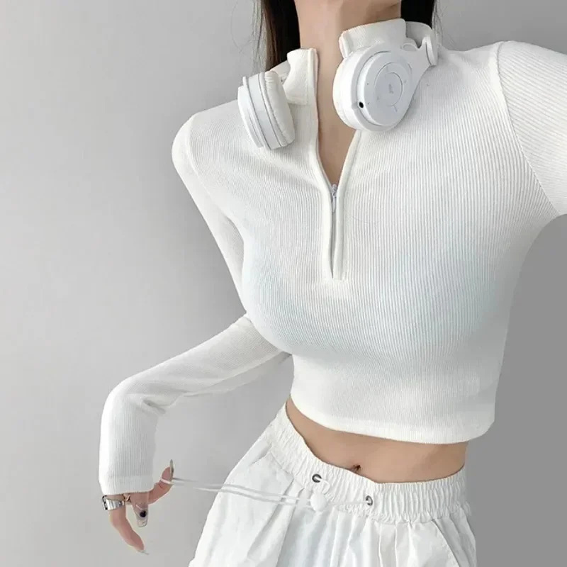 

Y2K Zip T Shirt Women Long Sleeve Crop Tops Pullover Stand Collar Slim Skinny Trashy Grunge Y2k Base Tees Sexy Female T-Shirts