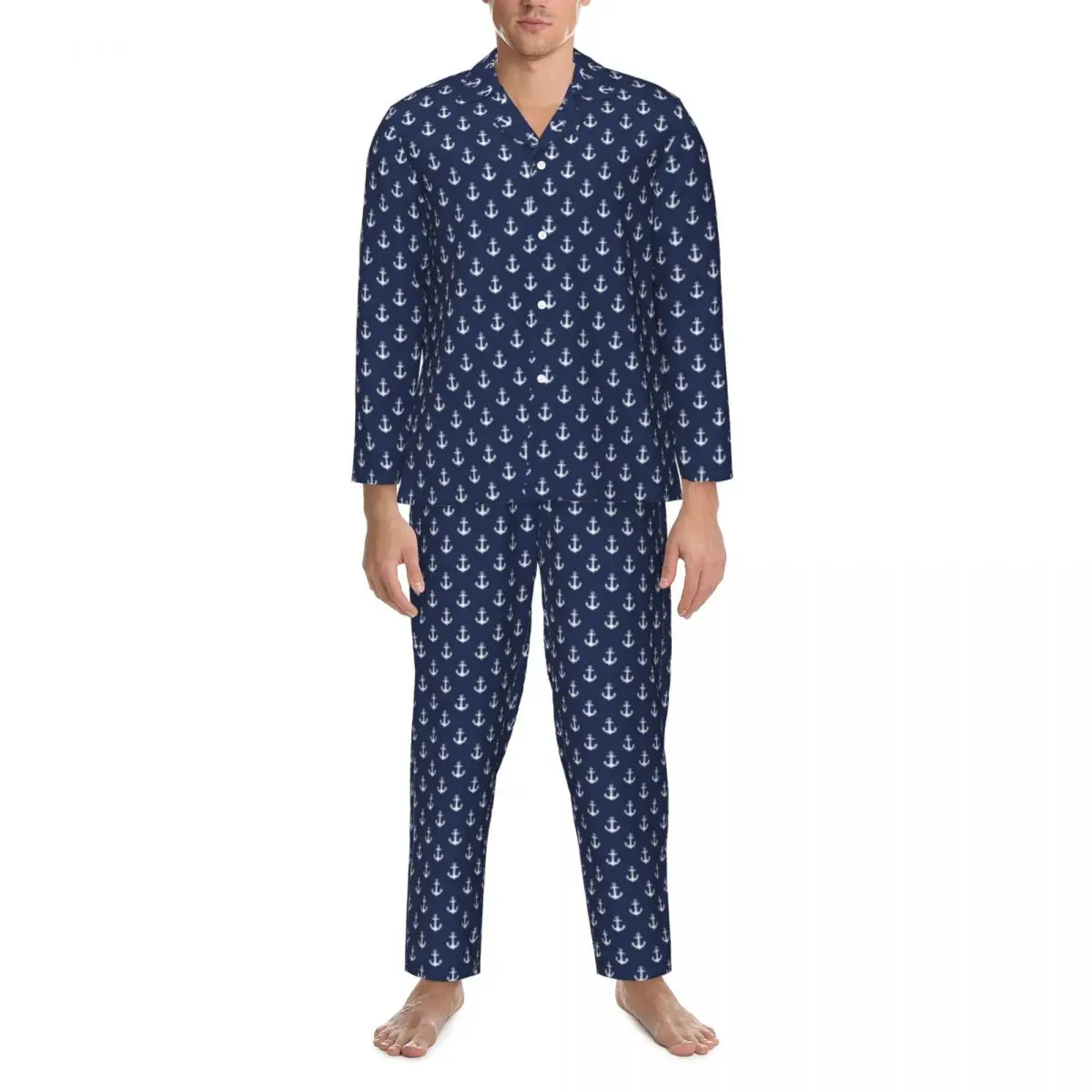 

Nautical Print Pajama Sets Navy Blue Anchors Fashion Sleepwear Men Long Sleeves Casual Daily 2 Pieces Home Suit Plus Size 2XL