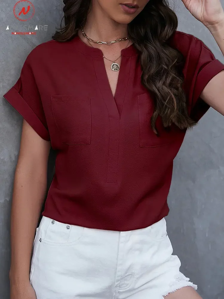 

Fashion Women Summer Solid Color Blouse Patchwork Design Pocket Decor V-Neck Short Sleeve Loose Pullovers Top