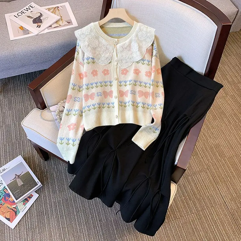 

Women's Spring Autumn Outfits New Age Reducing Doll Neck Knitted Sweater Coat High Waist Slim Half Skirt Two Piece Suit