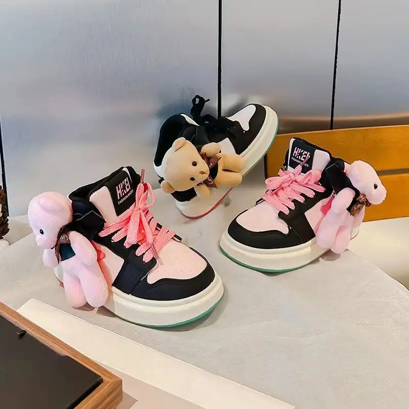Girls' High Top Board Shoes Spring and Autumn New Fashion Cute Little Bear Sports Shoes 2023 Children's Black Pink Casual Shoes