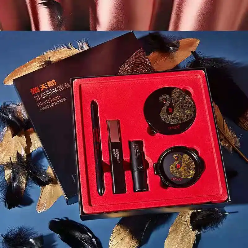 Beauty Makeup Cosmetics Gift Box Set Black White Swan Mushroom Air Cushion Setting Powder Lipstick Highlighter Make Up Tool 6