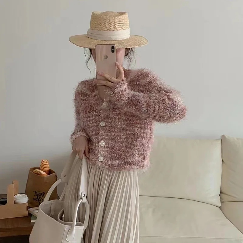 Short Coat Women Cardigan Autumn Knitted V-neck Long Sleeve Top Sweater Jackets for Women