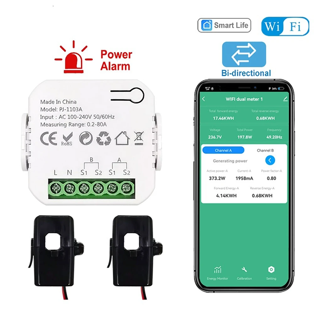 WiFi Smart Bidirectional Power Monitor with 1/2 Channel Electricity Meter with Current Transformer with Buzzer Alarm AC110V/240V 2