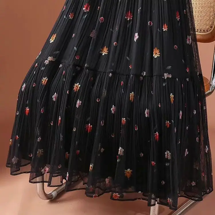 Printed Mesh Skirt Women's New Summer High-waisted Slimming Pleated Gauze Skirt Female Mid-length Drape A-line Large Swing Skirt