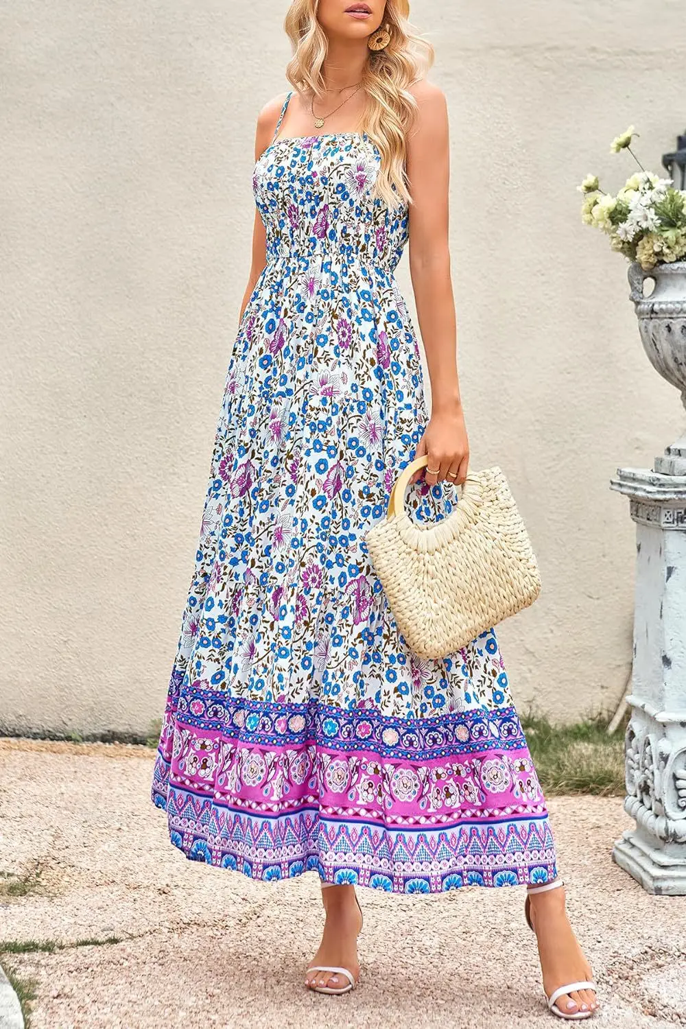 Vintage Flower Print Spaghetti Strap Dresses Women Fashion Trendy Bohemian Beach Vacation Long Dress Female Summer New Vestidos