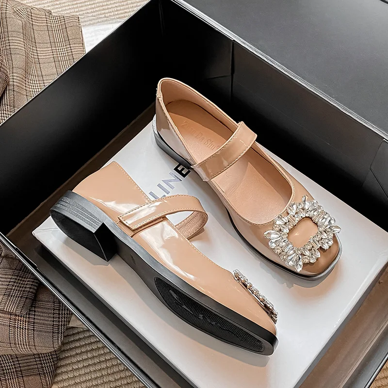 2023 Spring Autumn New Fashion Square Head Rhinestones Patent Leather Flat Heel Shallow Mouth Sweet Mary Jane Shoes 34-43