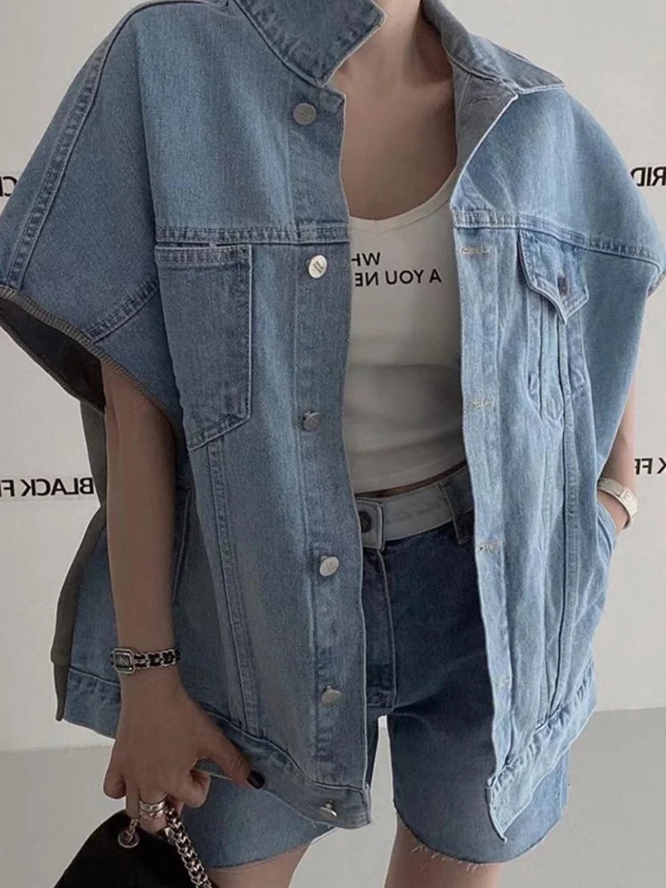 

Women Back Letter Spliced Contrast Color Vest Sleeveless Denim Waistcoat Pocket Single Breasted Top 2023 Summer New H155