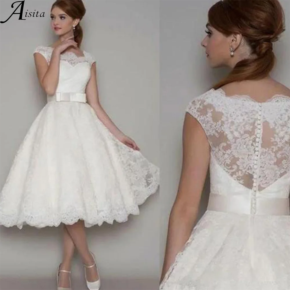 

Fairy A-line Ruffles Bridal Dress Lace Applique Delicate Wedding Dress Illusion Back Tea-length Temperament Wedding Dress