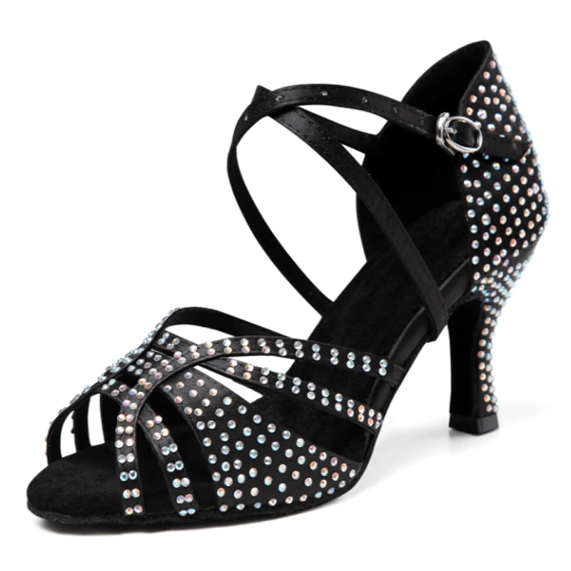 RUIYU Latin Dance Shoes Ladies High Heel Sandals Salsa Tango Ballroom Party Dancing Shoes Satin Rhinestone Black Gold Dance Shoe