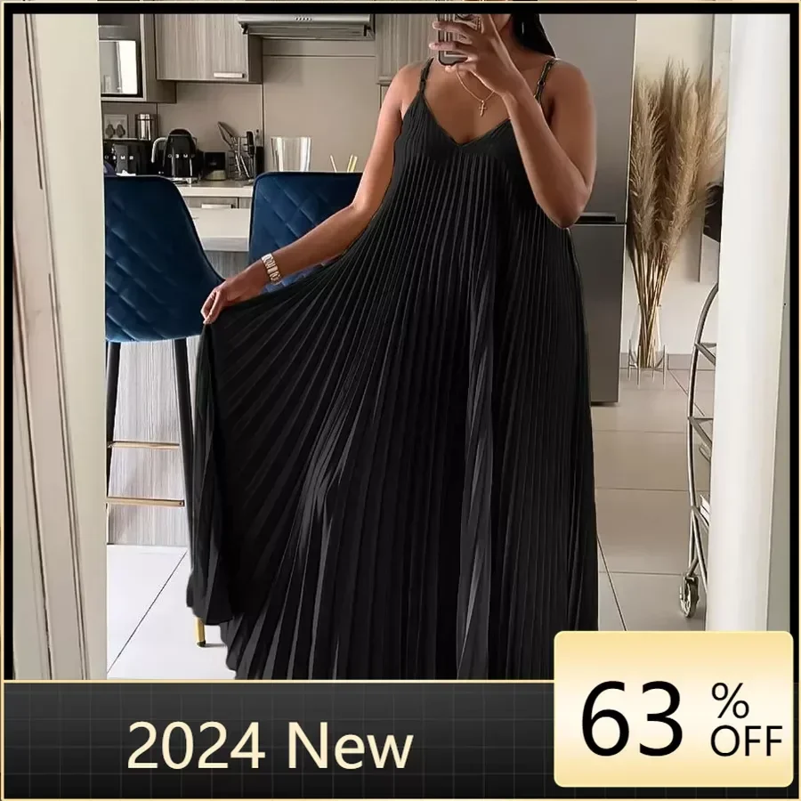 

2024 New Fashionable Summer African Pleated Dresses Women Plus Size Evening Party Vneck Slip Dress Ankara Outfit Robe Clothing