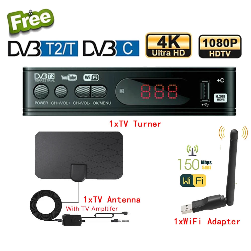 DVB T2 TV Tuner Wifi Free Digital TV Box HD 1080P DVB-T2 Tuner Receiver Satellite Decoder with TV Antenna For Monitor Adapter