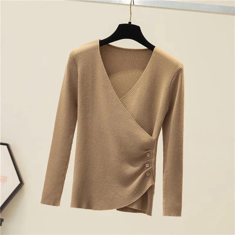 Surplice Sweater for Women Pullovers Ribbed Knit V-Neck Long Sleeve Button Side Plain Jumper Teen-girl Fall Winter Basic Outfit 5