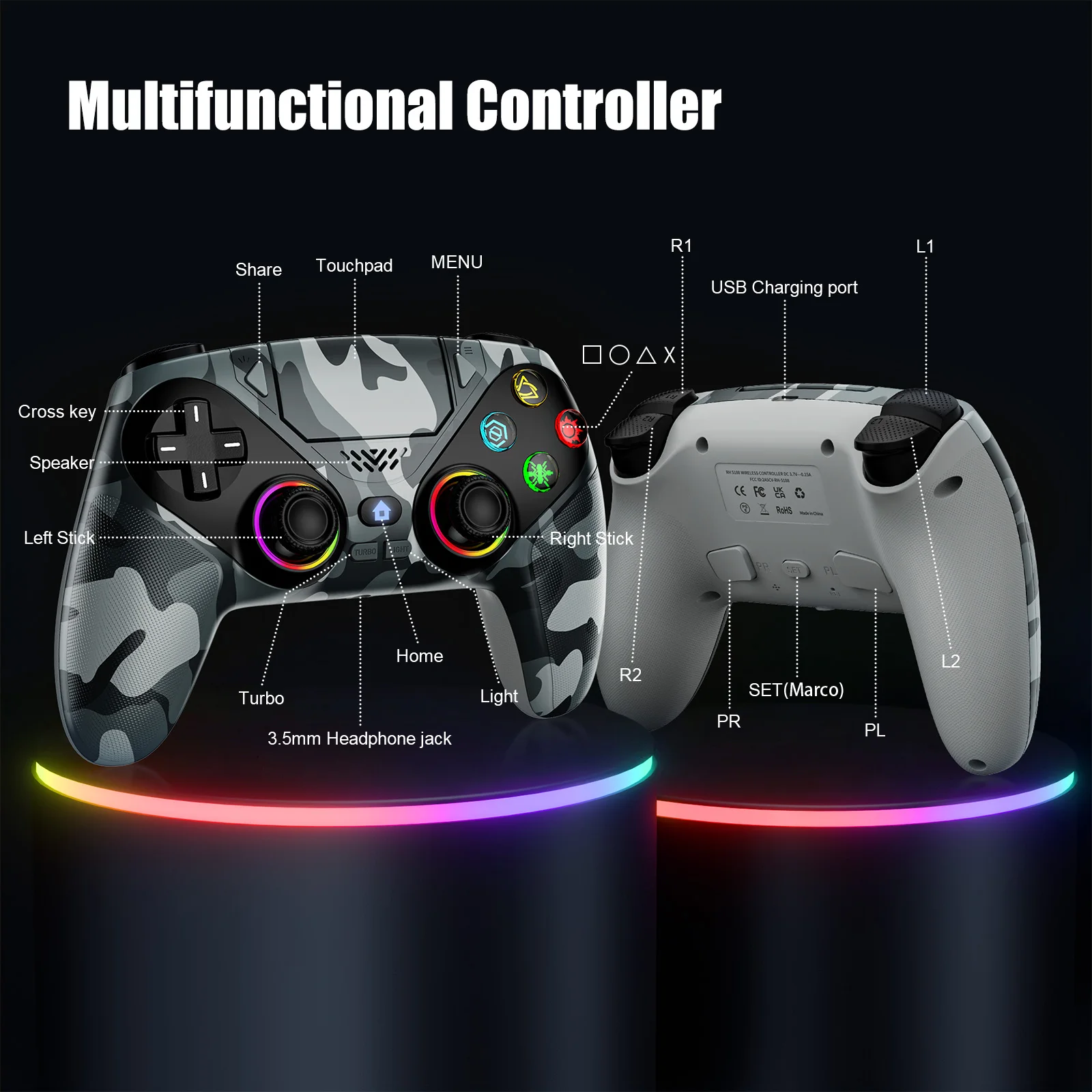 รูปสินค้า จอยเกมไร้สาย RGB สำหรับ PS5 พร้อมฟังก์ชัน Turbo และ Marco
