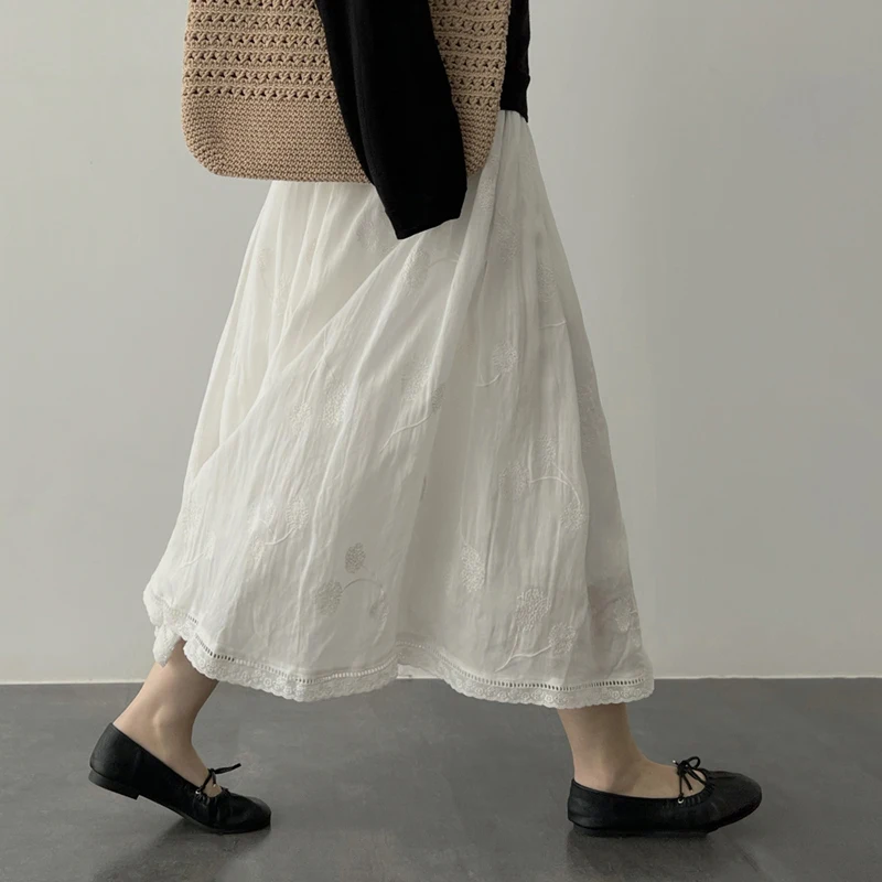 Spring Maternity Cotton Linen Belly Skirts with Floral Embroidery Good Quality Pregnancy Midi Skirt Sweet A-line Skirt