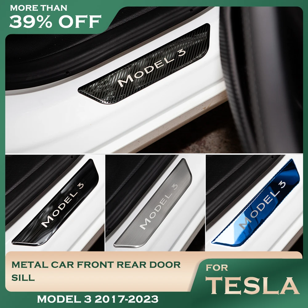 

For Tesla Model 3 Car Front Rear Door Sill Metal Decoration Sticker Model3 2017-2023 Accessories Pedal Protection Strip Cover