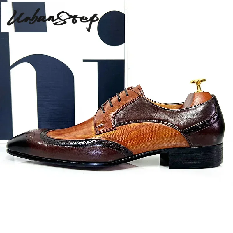 Men Leather Shoes Lace Up Pointed Toe Brogues Oxford for Wedding Office