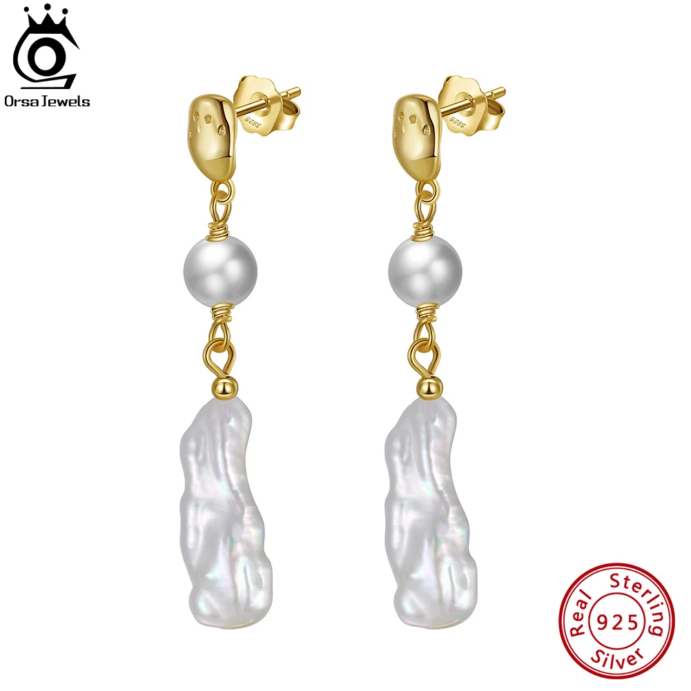 

ORSA JEWELS 925 Sterling Silver 14K Gold Genuine Irregular Freshwater Baroque Pearl Drop Dangle Earrings for Women Jewelry GPE18