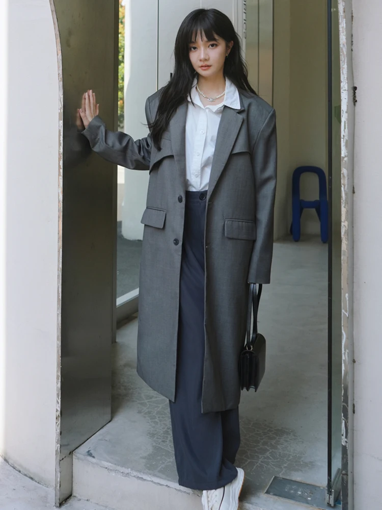 LANMREM 여성용 긴 블레이저, 노치드 긴 소매, 싱글 브레스트 백 스플릿 코트, 패션 2024, 신상 의류, 2Z1229