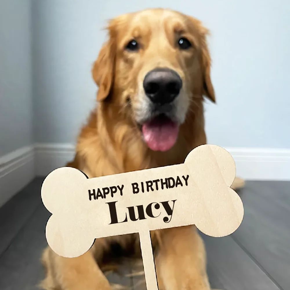 Pet Memorial Garden Stake Dog Birthday Cake Topper Personalized Dog Bone Paw with Engraved Name for Loss or Birthday