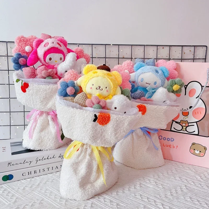 

Sanrio Hello Kitty My Melody Kuromi Cinnamoroll Cartoon Plush Doll Flower Toy Bouquet Gift Box Birthday Navidad Christmas Gift