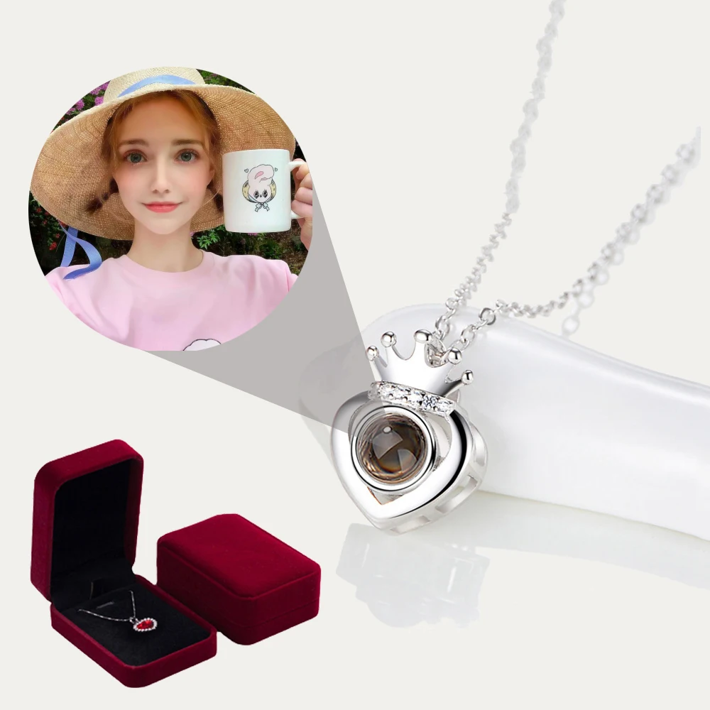 

S925 Silver Custom Projection Necklace Crown Love Photo Pendant Jewelry For Girlfriend Gifts 2022 Hot Accessories With Free Boxs