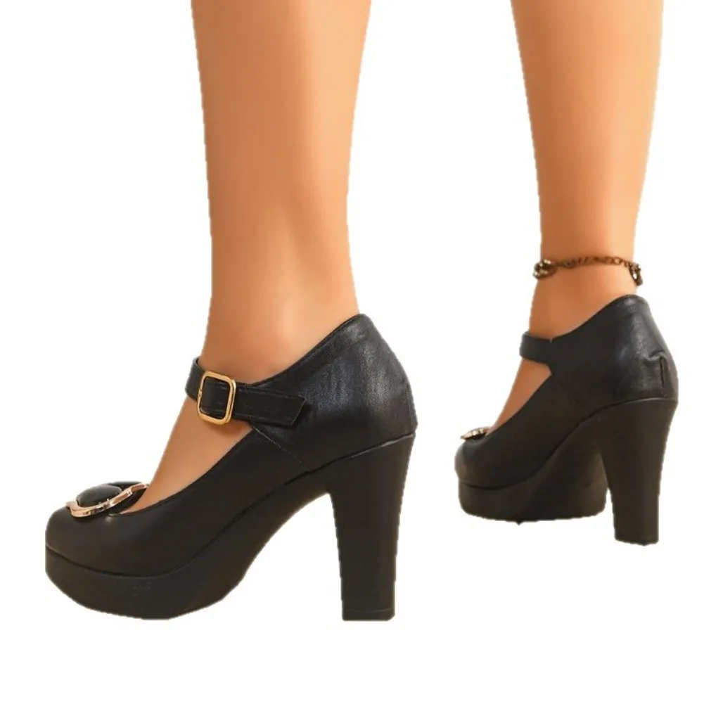 Small Size 35-41 Shallow Thick Bottom Black Wedding Shoes Bride Platform Pumps 2025 Block High Heels Shoes for Model Mom