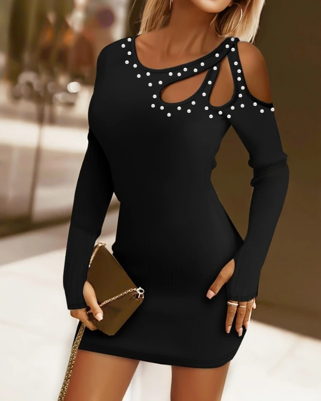 

Traf Women's Fashion Off Shoulder Dress 2023 Latest Sexy Hollow Out Design Beaded Decoration Bodycon Wrap Hip Mini Dress