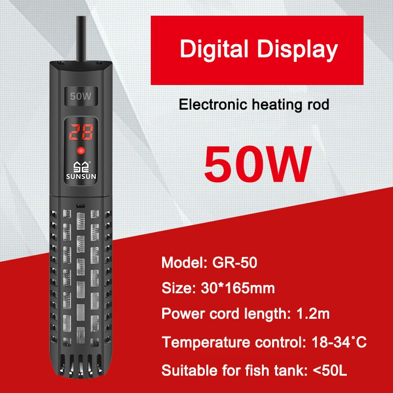 SUNSUN Aquarium Fish Tank Submersible Heater LCD Display Digital Adjustable Water Heating Rod 