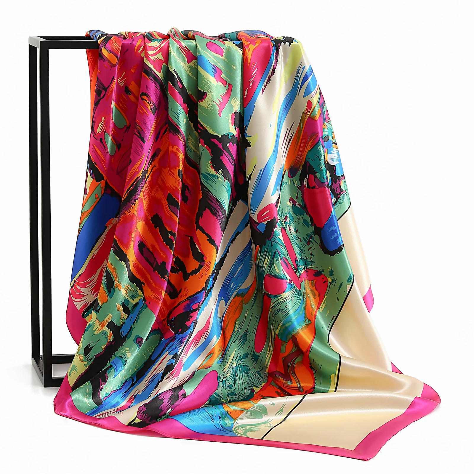 90*90cm Vintage Flowers Square Scarf Women Silk Shawl Neckerchief Female Print Headband Head Wraps Foulard Hijab Hair Bands