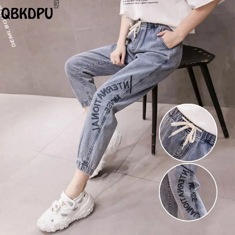 

Casual Banded Jogger Jeans Ankle Length Jean Letter Embroidery Vaqueros Elastic High Waist Women Drawstring Harem Denim Pants