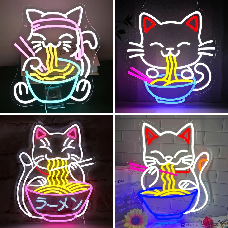 Fortune Cat Ramen Neon Sign - Dimmable LED Anime Wall Decor For Bedroom & Restaurant