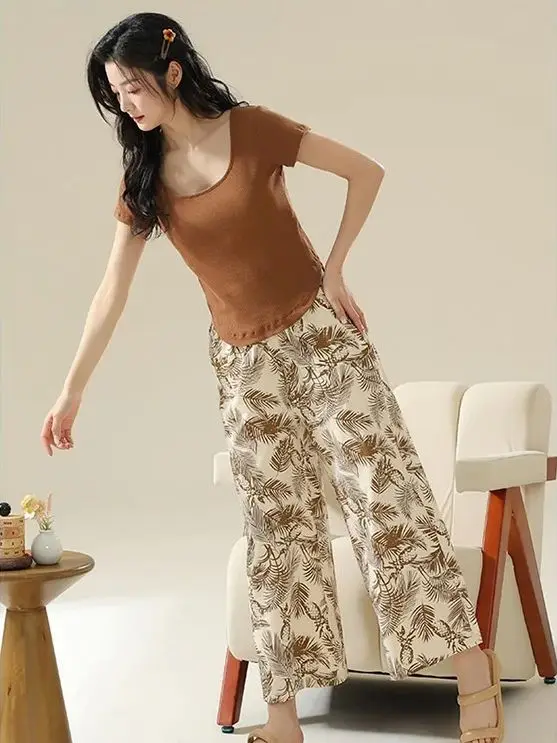 Women's Pajamas With Chest Bar Pads Spring and Summer Short Sleeves Long Pants Ice Silk Can Be Worn Outside Print Soft Slim
