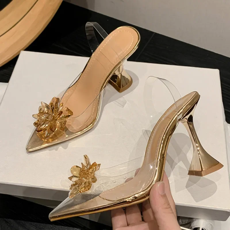 

Fashion Crystal Sequined Women Pumps Sexy Pointed Toe High Heels Wedding Prom Shoes Ladies PVC Transparent Sandals Size 35-41