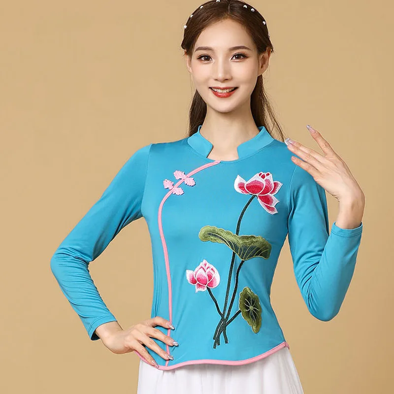 Cheongsam Women's Plus Size Short Tops Autumn Cotton Blend Mesh Splicing Embroidery Slim Chinese Style Qipao Shirts Woman