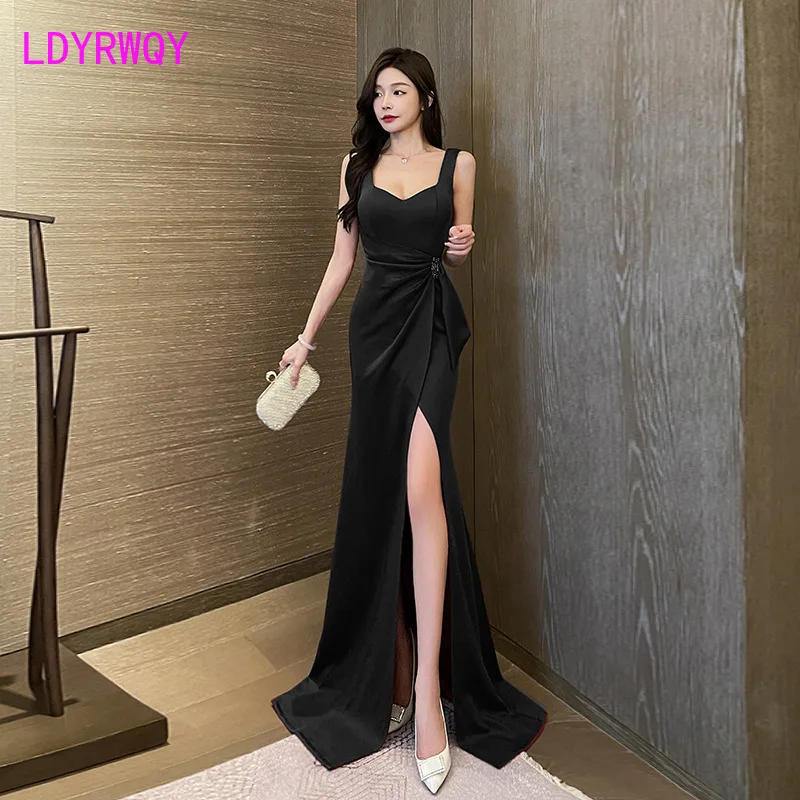 2023 New Sexy Low Chest Wrapped Hip Split Floor Sweeping Women's Long Dress  Temperament Slim Fit Banquet Evening Gift Dress - AliExpress 200000345