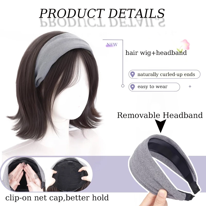 Synthetic Short Women Wig Hair Extensions Black Wig with Removable Headband Short Hair with Hair Bangs for Women Daily Party Use