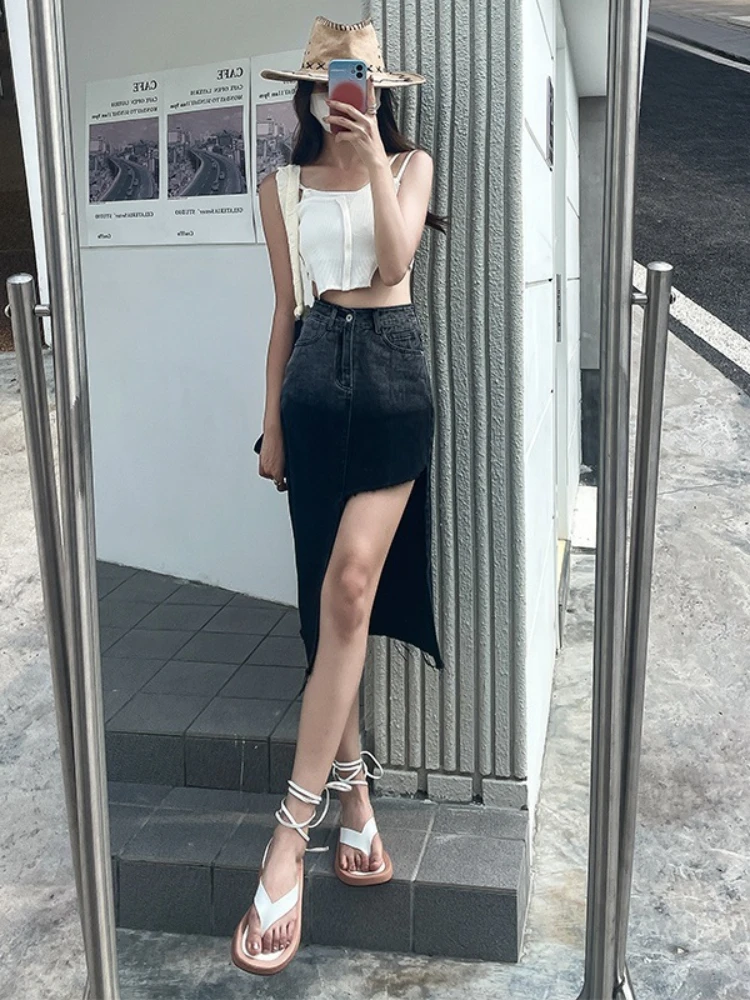 

Skirts for Women Fashion 2023 Summer High Waisted Gradient Irregular Split Denim Skirt A-line Mid Length Skirt Women Clothing