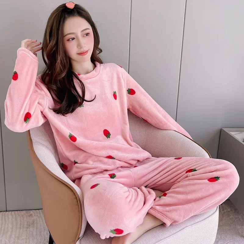 Sleepwear Autumn Winter Warm Women Pajamas Coral Fleece Pajamas Flannel Thick Pajama Sets Loungewear Long Sleeve Loose Korean