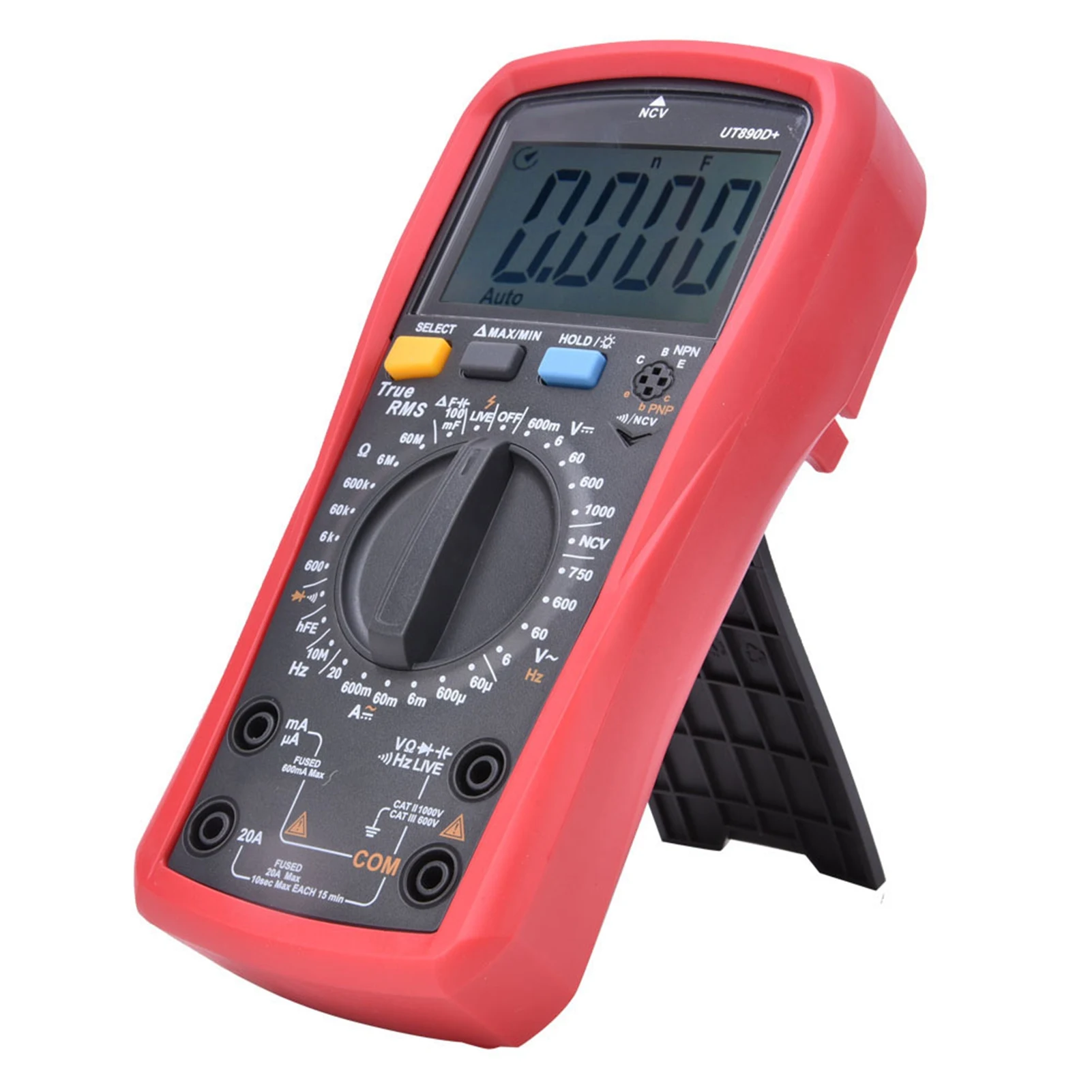 Vue de face du multimètre numérique UNI-T UT890D+ 6000 counts True RMS affichant des mesures