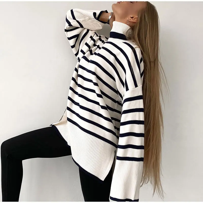 

K 2023 New Autumn Winter Knit Pullover Solid Color High Neck Long Sleeve Loose Casual Striped Sweater