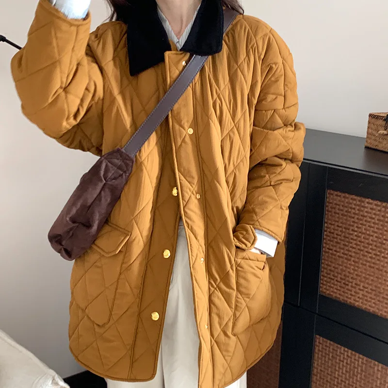 

Winter Jacket for Women Loose Turn Down Collar Coat Cotton Padded Jackets Warm Parka Women Casual Single-breasted Solid Outwear