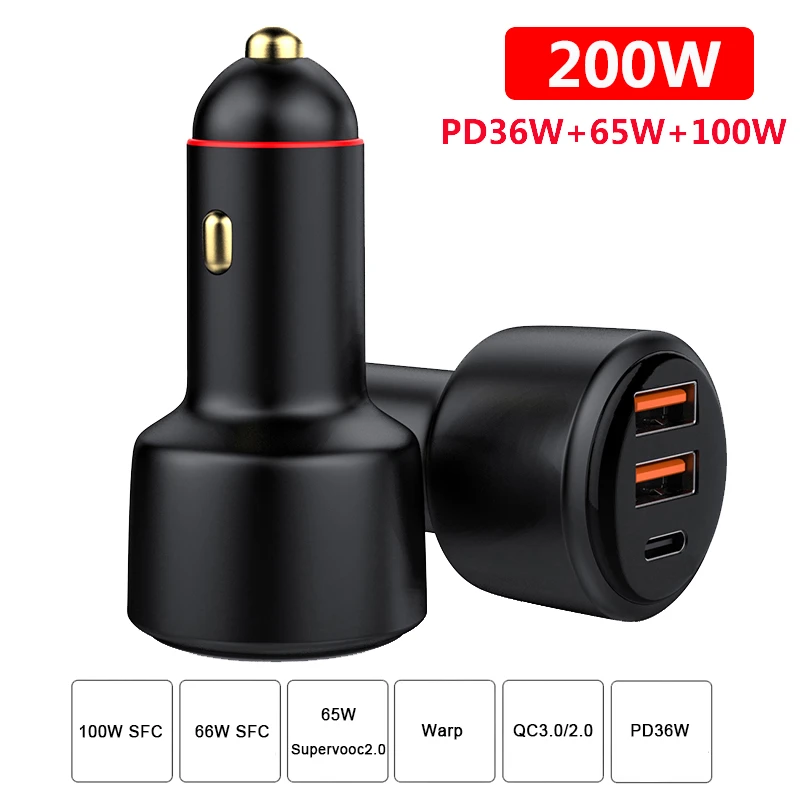 차량용 충전기 100W SFC 고속 충전 + 65W Supervooc 2.0 + PD 36W 고속 충전기, 아이폰 13 화웨이 HONOR OPPO Realme OnePlus, 200W