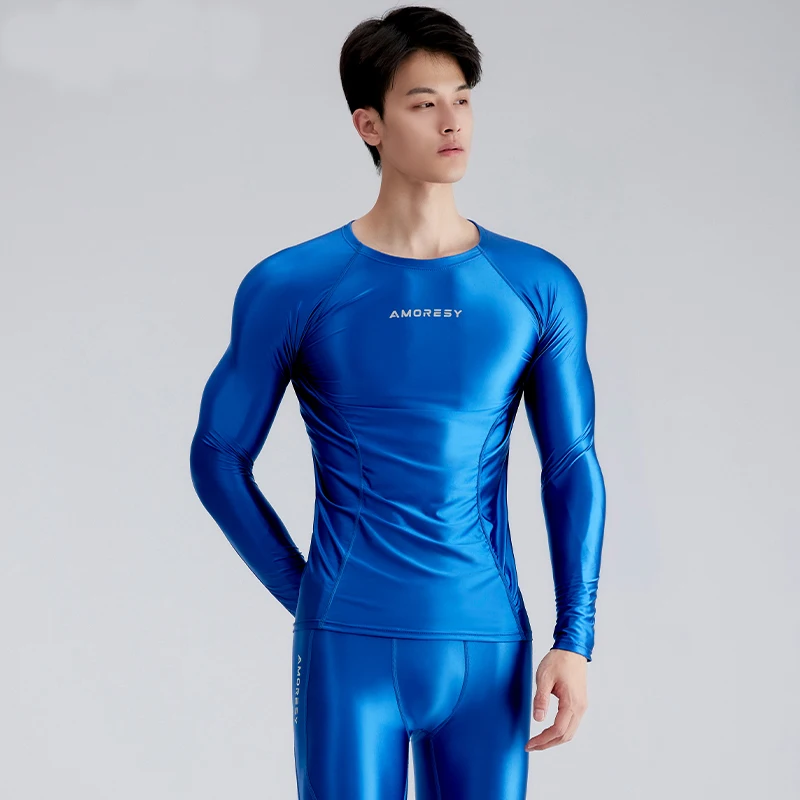 sexy satin glossy men top round neck tight fitting long sleeved T-shirt for men's Sports Fitness Running Spandex Shirts Tops