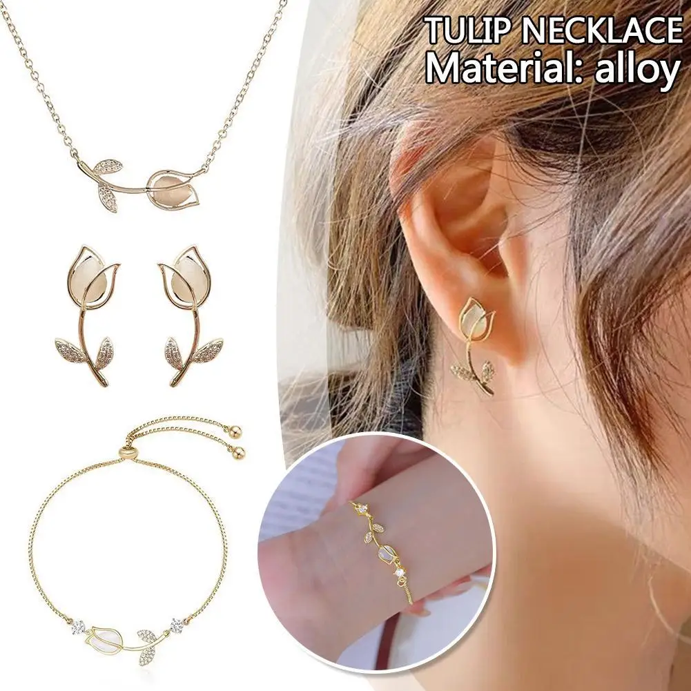 Elegant Women Girls Tulip Necklace Earrings Flower Rhinestone Drop Dangle Earrings Female Statement Jewelry Set Gift jewelry sets jewelry set women earrings chain necklace