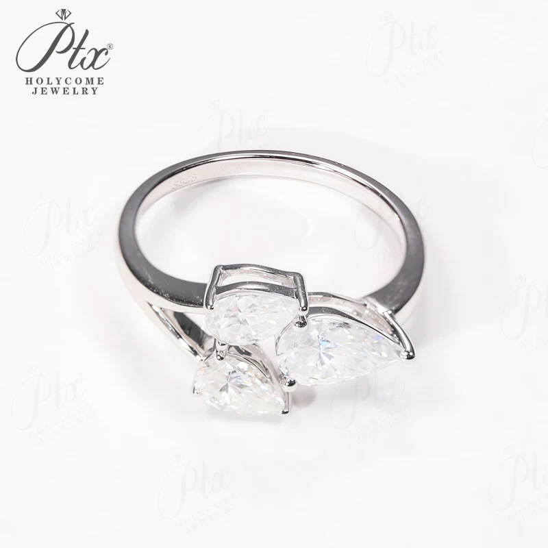 2CT Ring mit drei birnenförmigen Moissaniten, Farbe D, 925er Silber, Verlobungsring, Ehering, hypoallergener Schmuck, Geschenk, süß – Detail 9